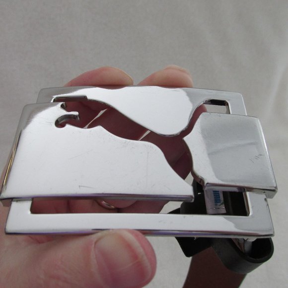 Puma Black Leather Golf-Style Belt Silvertone Cut-Out Logo Buckle Fine Scratches - Picture 3 of 8